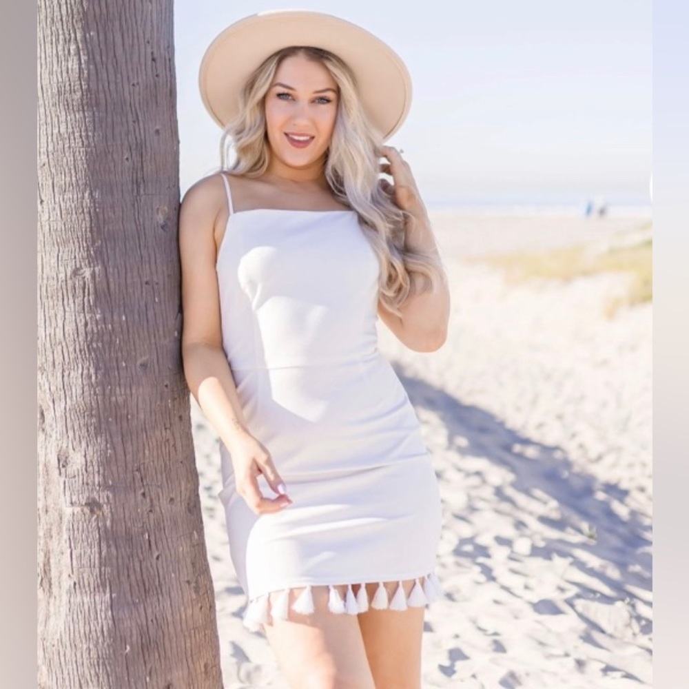 White Tassel Trim Mini Dress Size Small